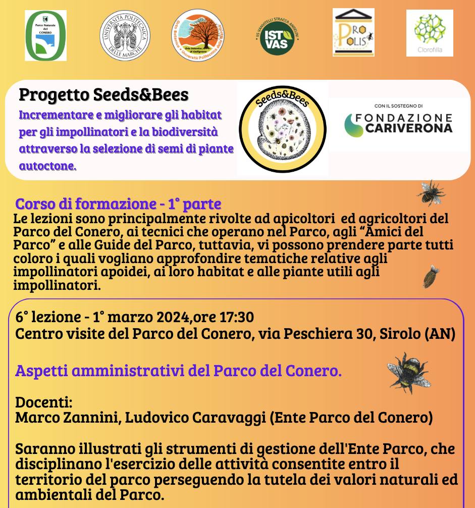 Nell'ambito del progetto Seeds&Bees, 6' appuntamento formativo dedicato agli aspetti amministrativi del Parco del Conero: venerdì 1.3 ore 17.30