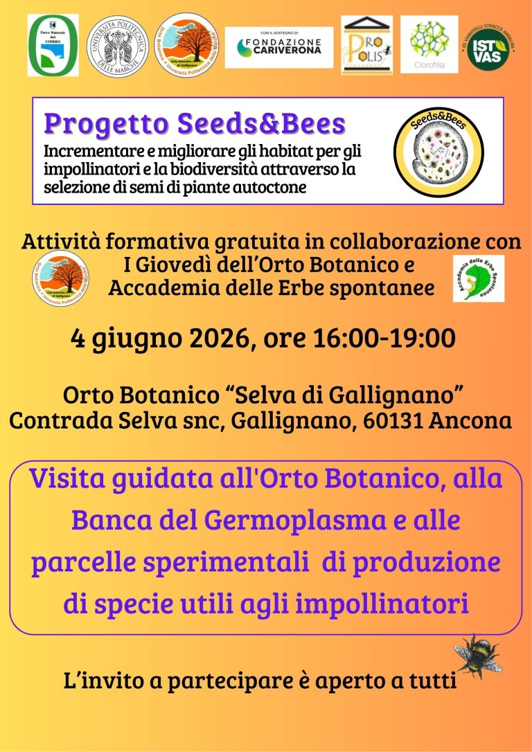 Giovedì 4 giugno alle 16:00 presso la Sede dell'Orto Botanico "Selva di Gallignano" evento nell'ambito del progetto Seed&Bees